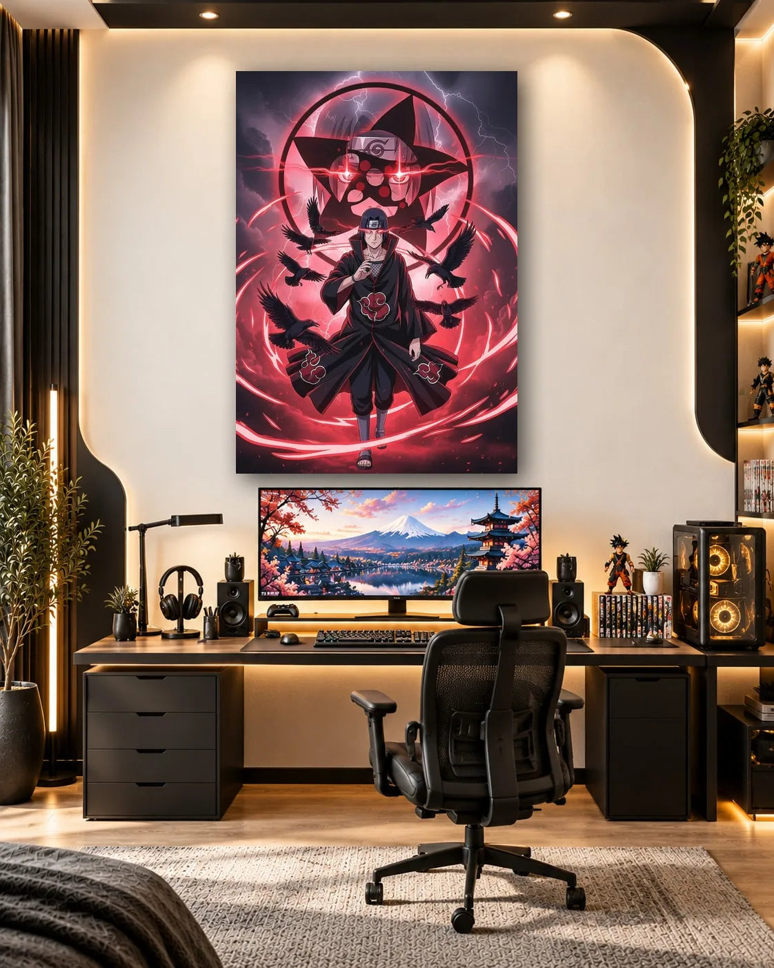 Itachi Uchiha before a giant Mangekyou Sharingan sigil crackling with red lightning