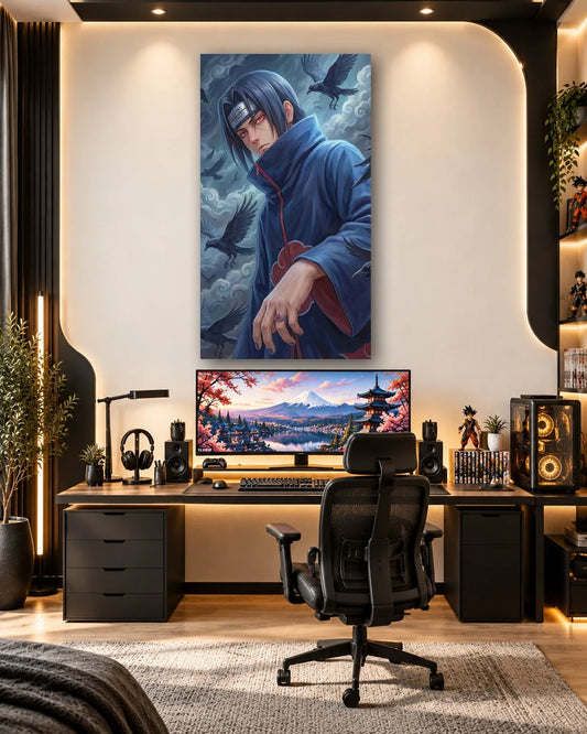 Painterly Itachi Uchiha portrait in a blue robe against a stormy sky with crows