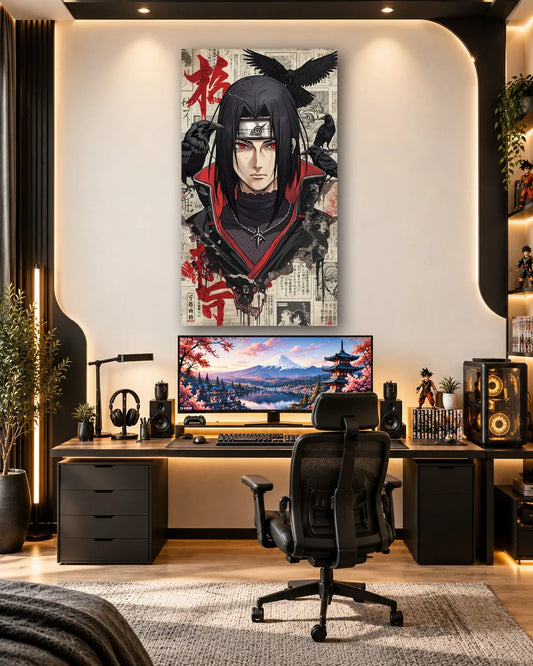 Itachi Uchiha portrait over vintage Japanese newsprint with red calligraphy and crows