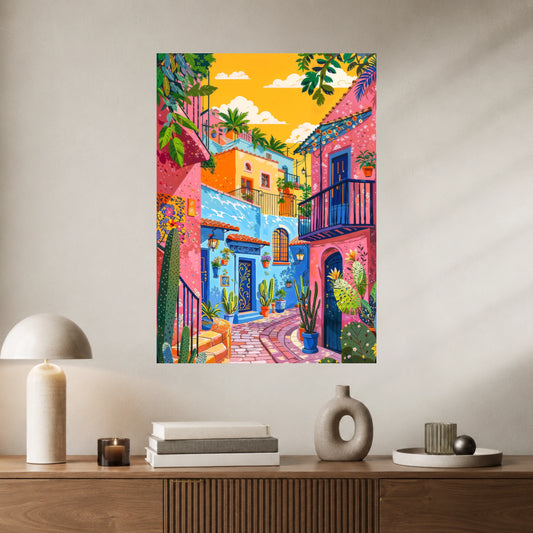 Colorful Mediterranean Street Wall Poster | Vibrant Landscape Art Print | 1 Poster