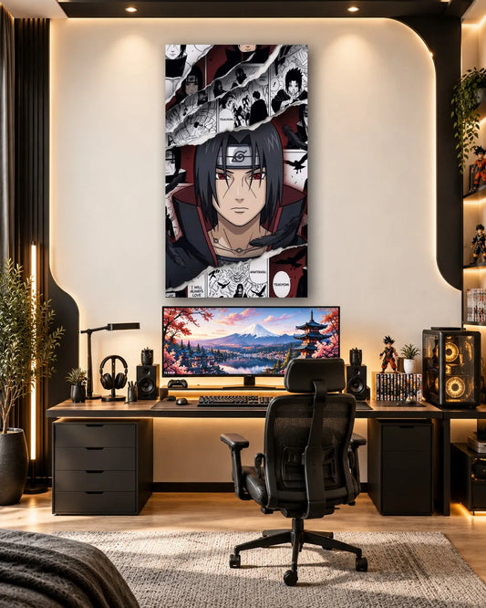 Torn manga pages revealing a full-colour portrait of Itachi Uchiha