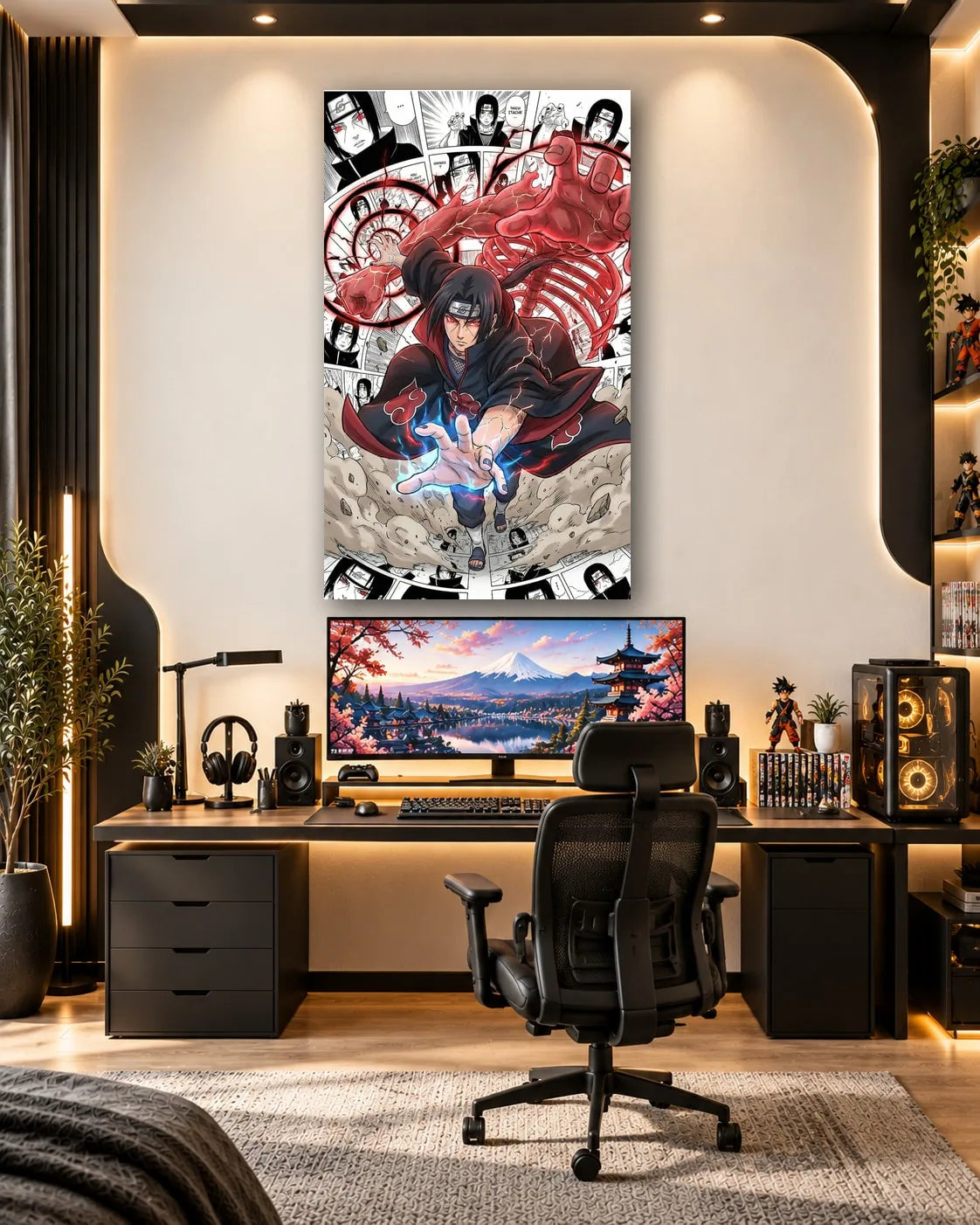 Itachi Uchiha channelling chakra with the crimson Susanoo ribcage rising behind him