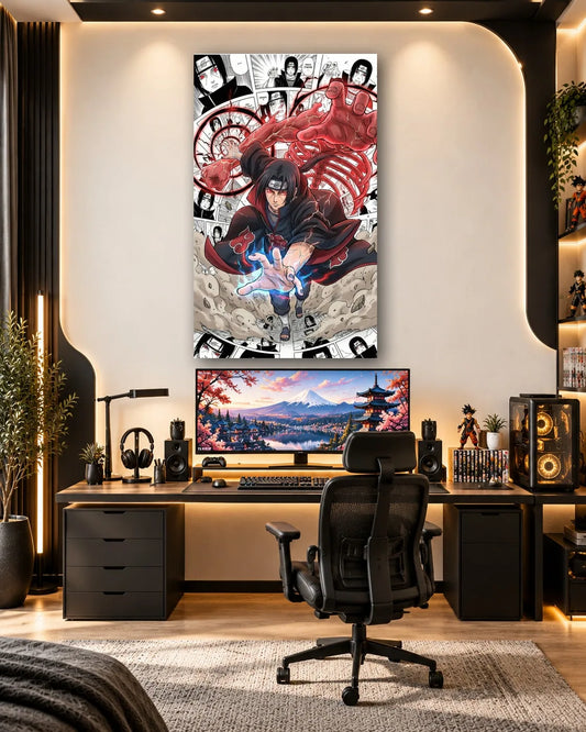 Itachi Uchiha channelling chakra with the crimson Susanoo ribcage rising behind him