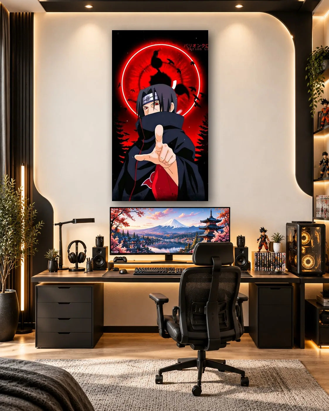 Itachi Uchiha pointing forward in front of a glowing red neon ring with crows