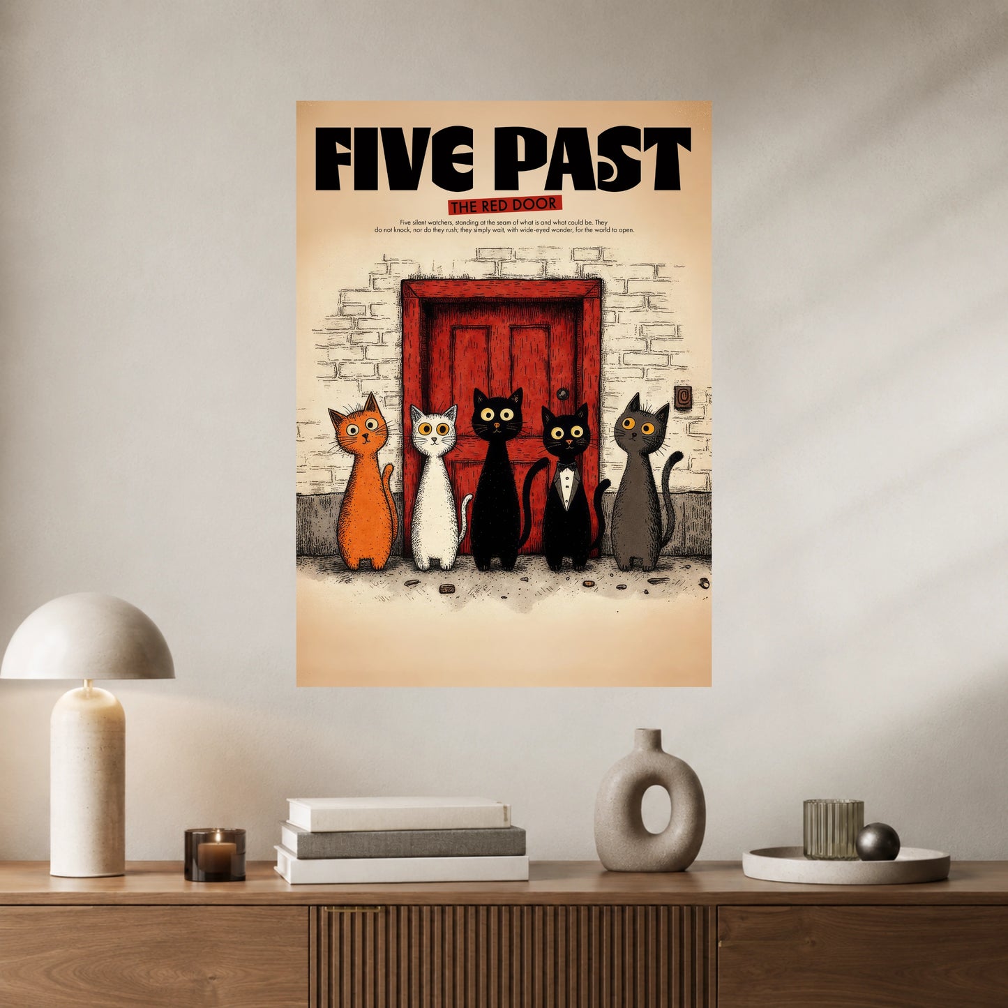 Five Past the Red Door | Cute Cat Wall Poster | Whimsical Animal Art Print | 1 Poster