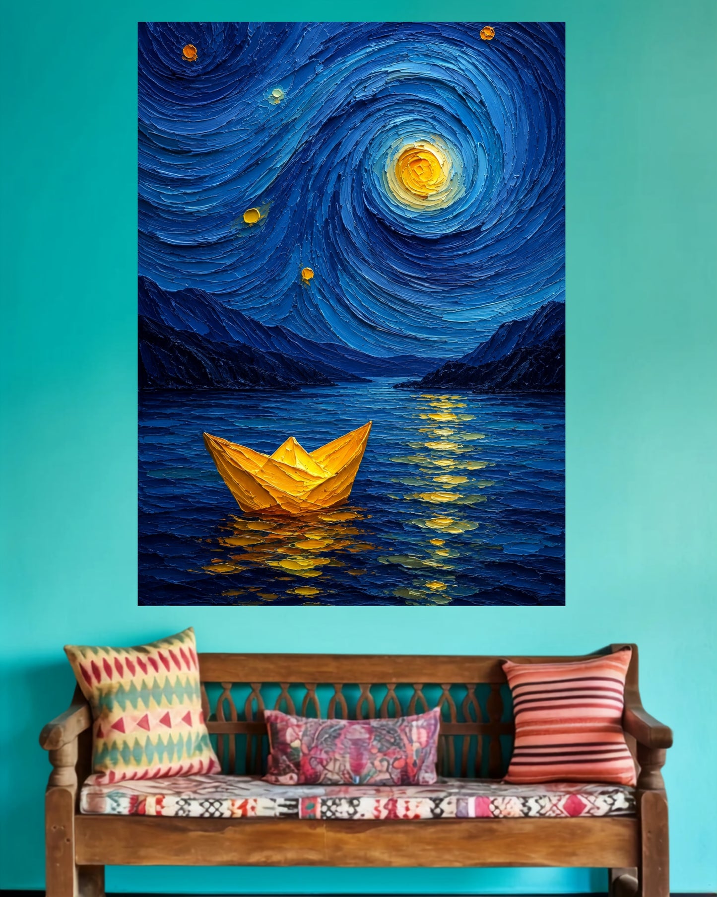 Golden Paper Boat | Moonlit Blue Ocean Home Decor Wall Poster | 1 Poster