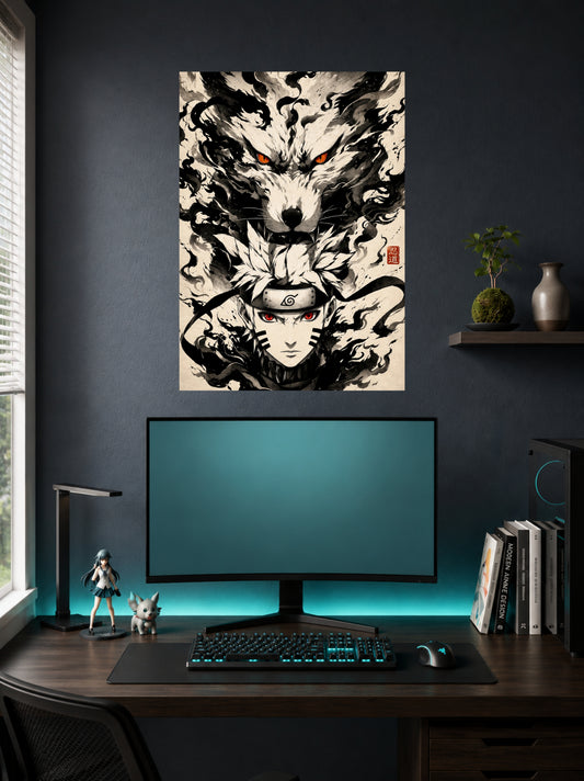 Naruto & Nine-Tails Kurama | Anime Ink Art Poster | 1 Poster