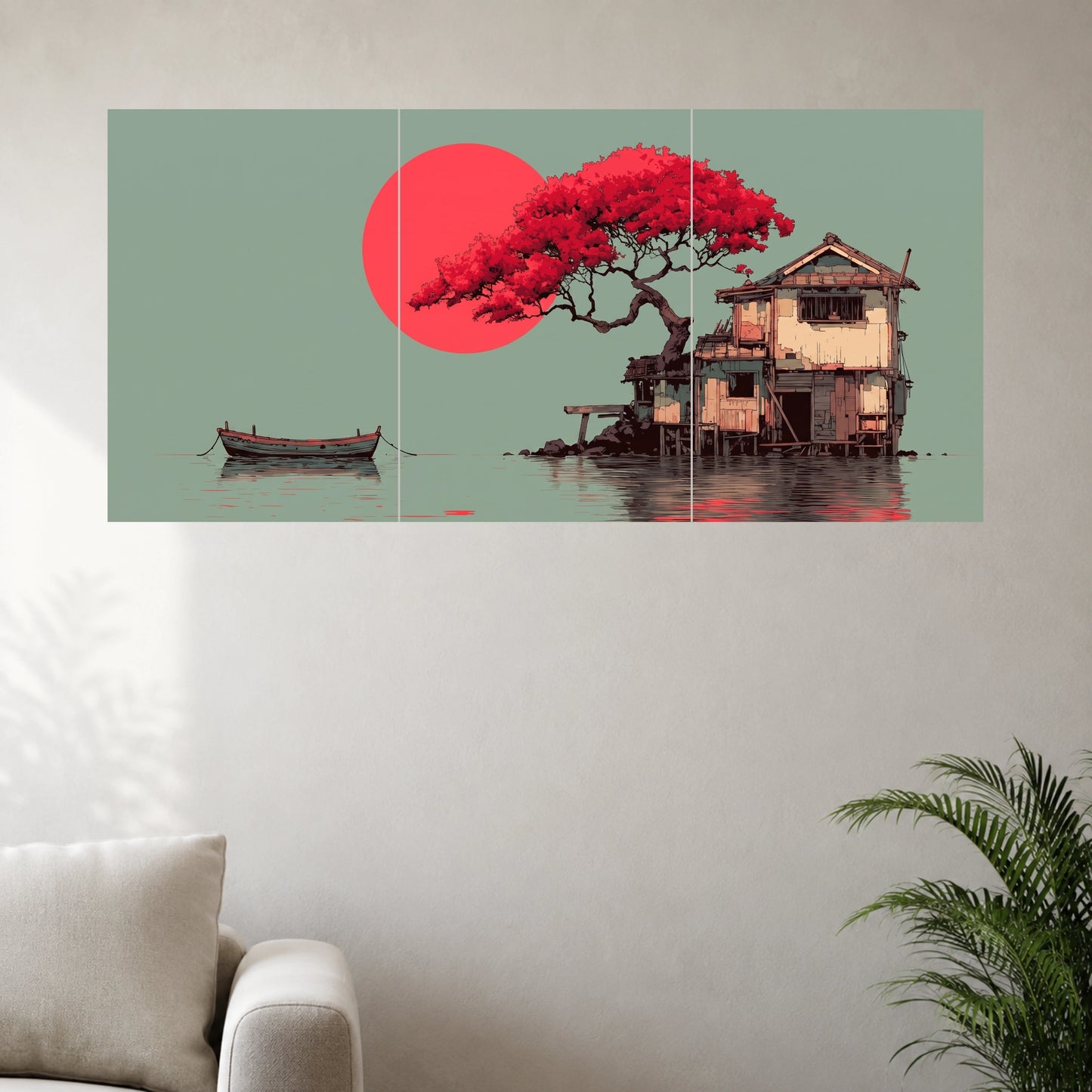 Red Tree Lakeside House | Japanese Minimalist Wall Poster | 3 Posters