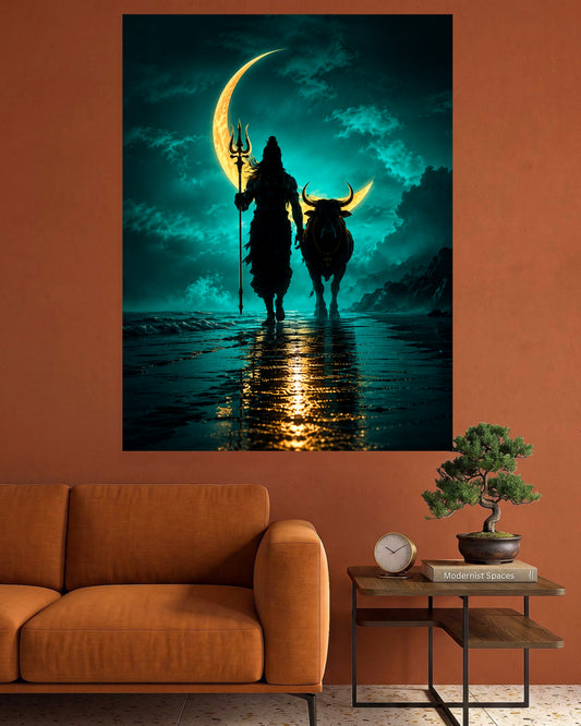 Mahadev with Nandi | Lord Shiva Moonlight Spiritual Wall Poster | 1 Poster