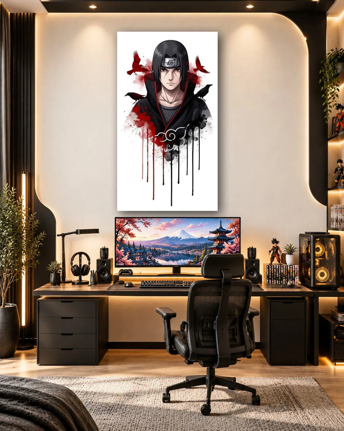 Itachi Uchiha portrait on white with red and black paint drips and crows on either side