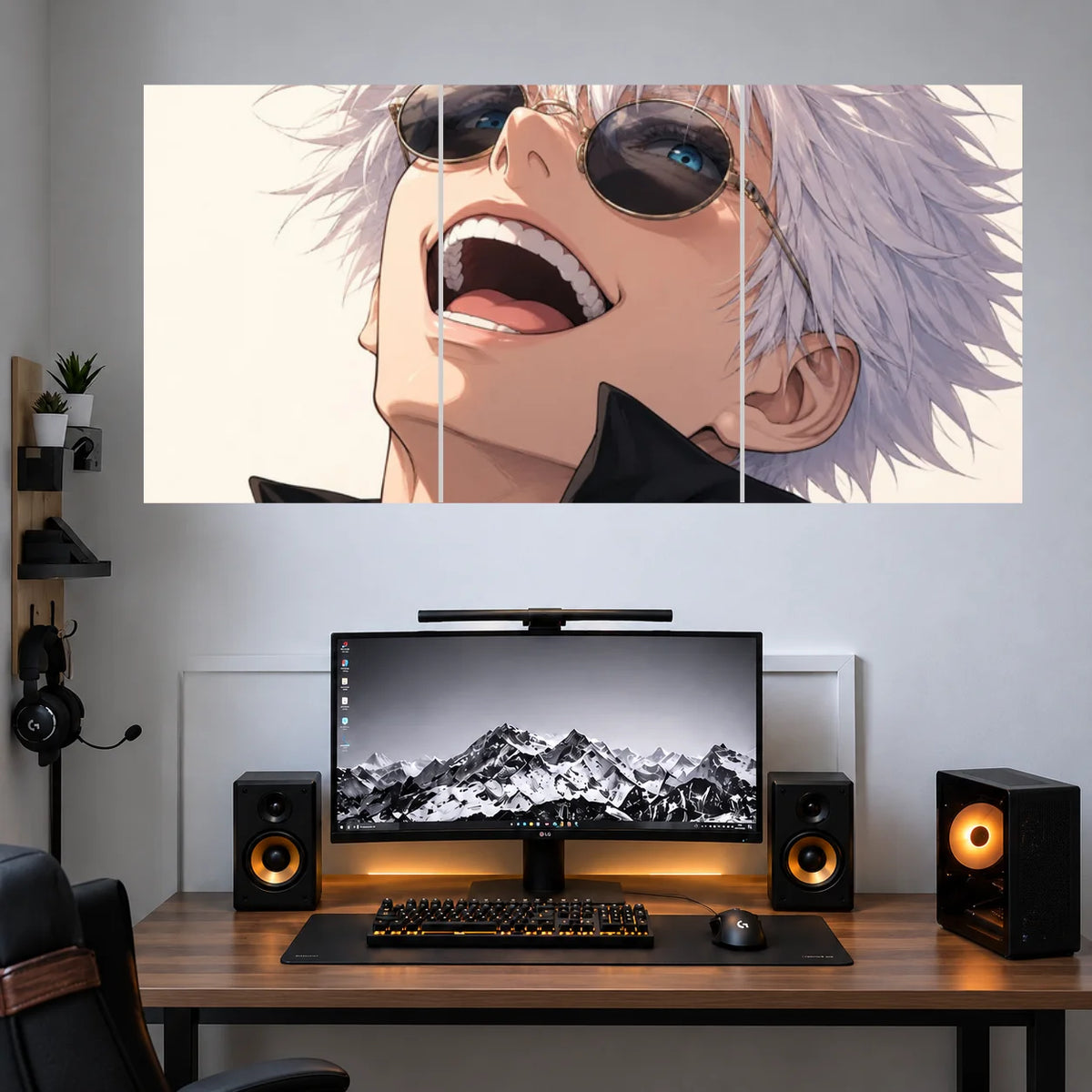 Satoru Gojo Laughing White Hair anime 3 split poster