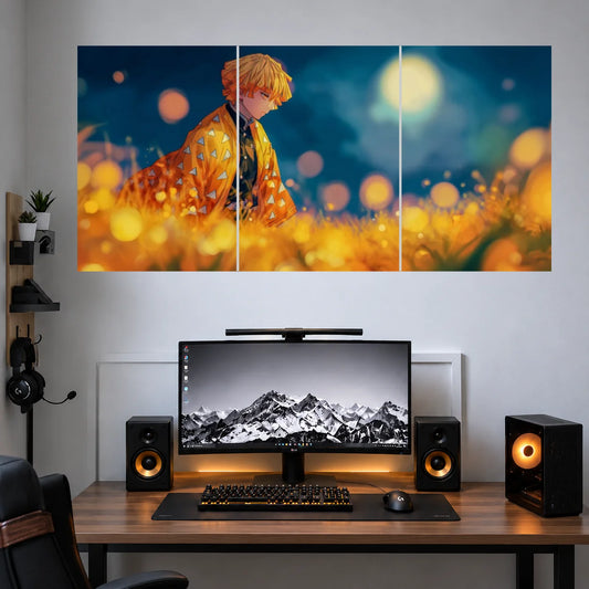 Zenitsu Moonlight Blue Portrait anime 3 split poster mockup