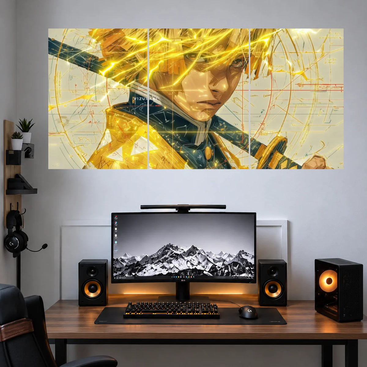 Zenitsu Golden Lightning Sword anime 3 split poster mockup