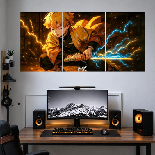 Zenitsu Orange Blue Thunder Clash anime 3 split poster mockup