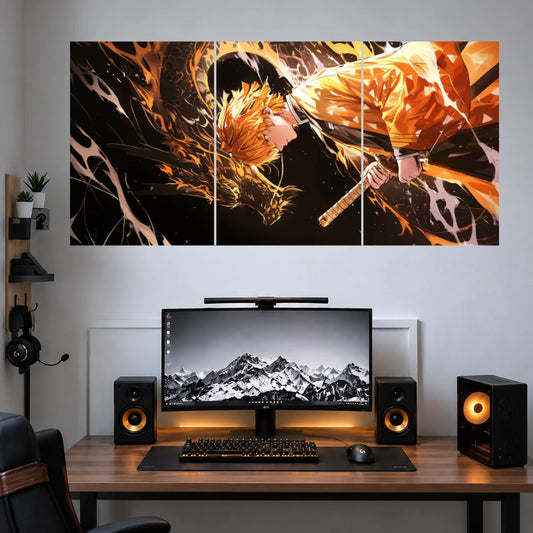 Zenitsu Black Gold Thunder Slash anime 3 split poster mockup
