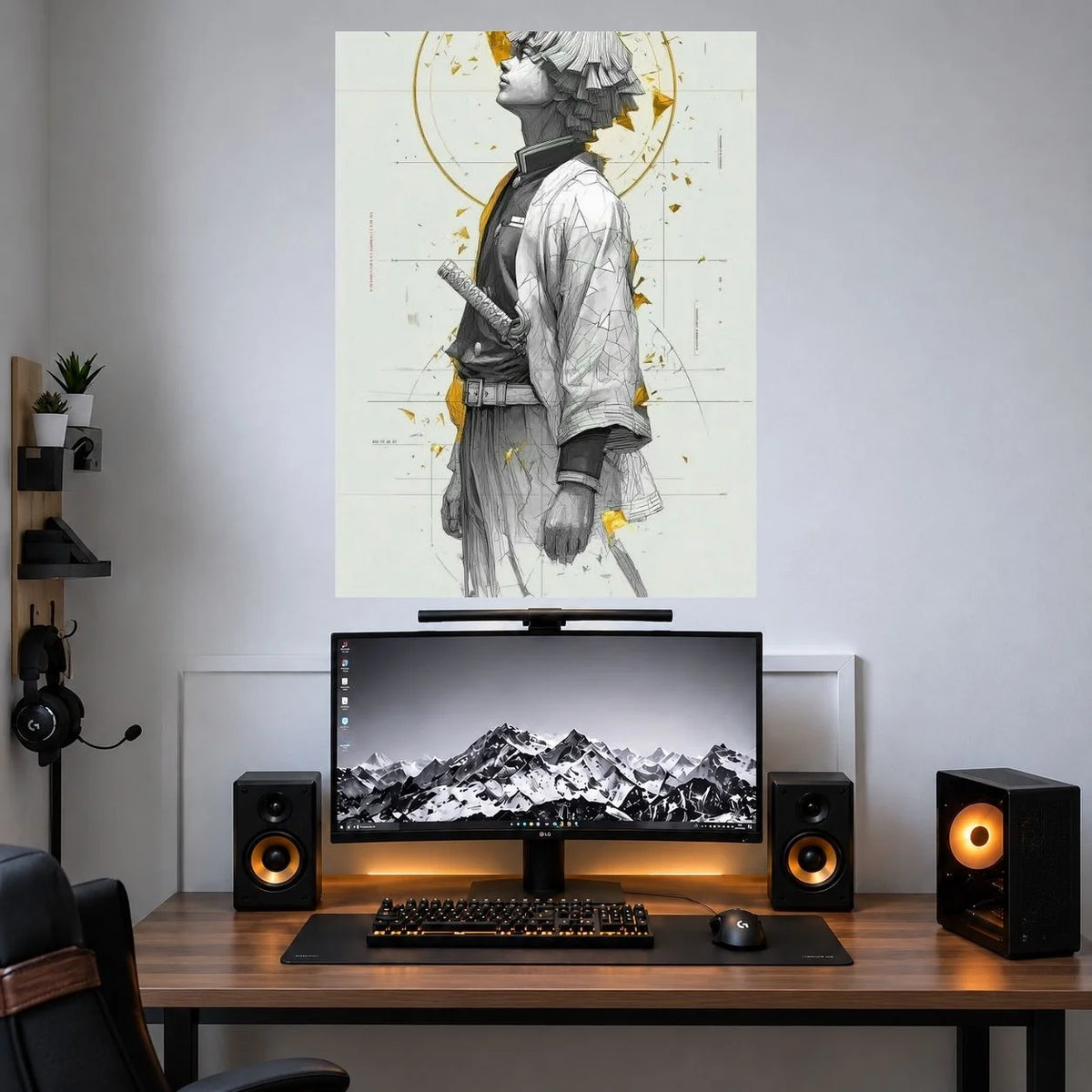 Zenitsu Monochrome Swordsman anime wall poster mockup