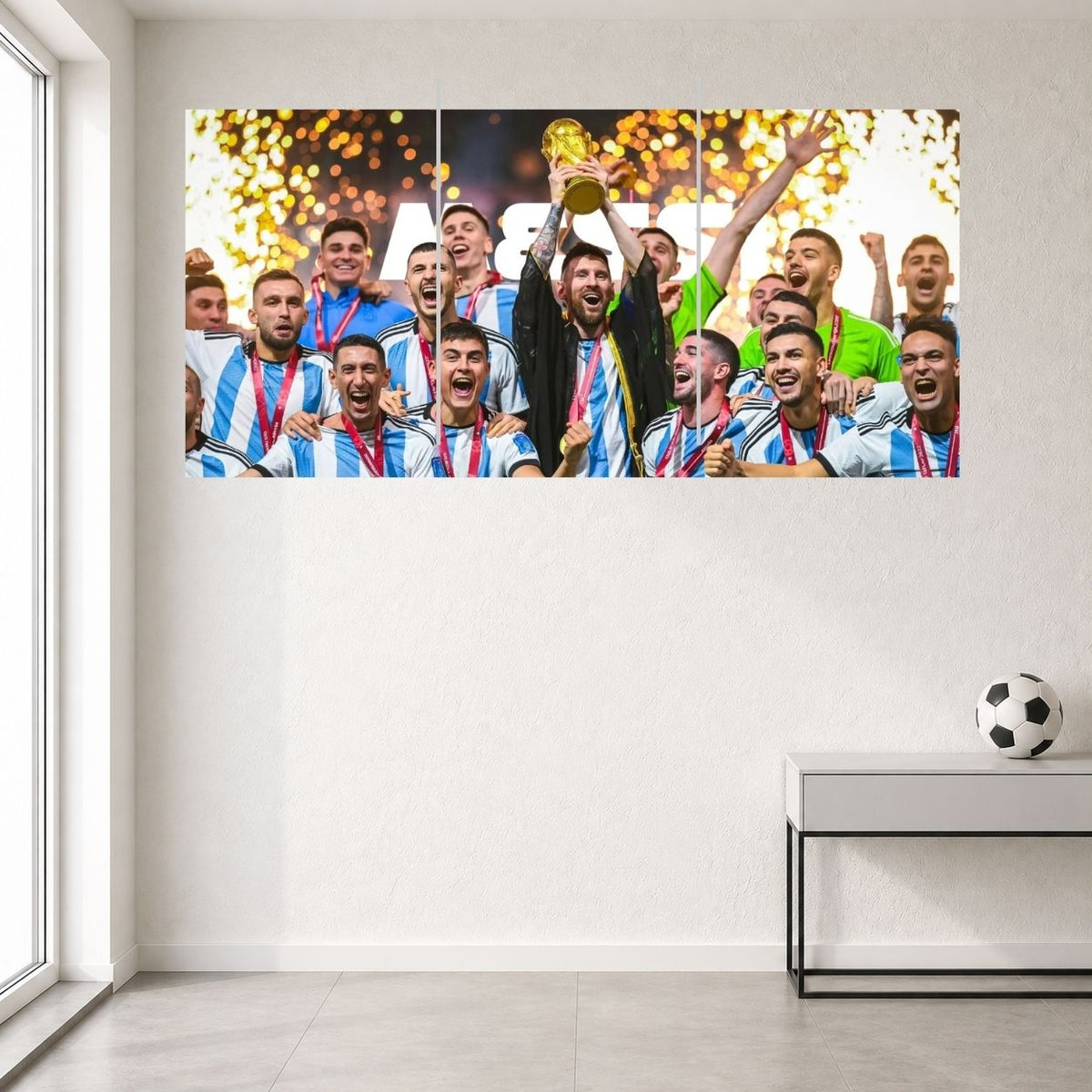 Lionel Messi Argentina World Cup champions 3 split wall poster room mockup