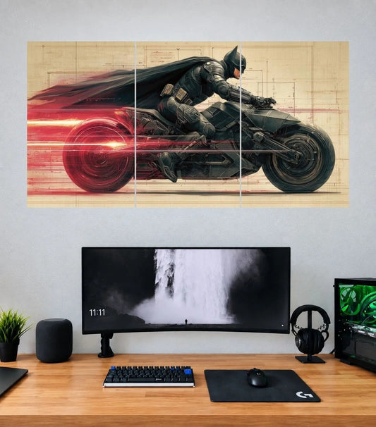 Batman Batcycle Speed Edition 3 panel wall poster mockup
