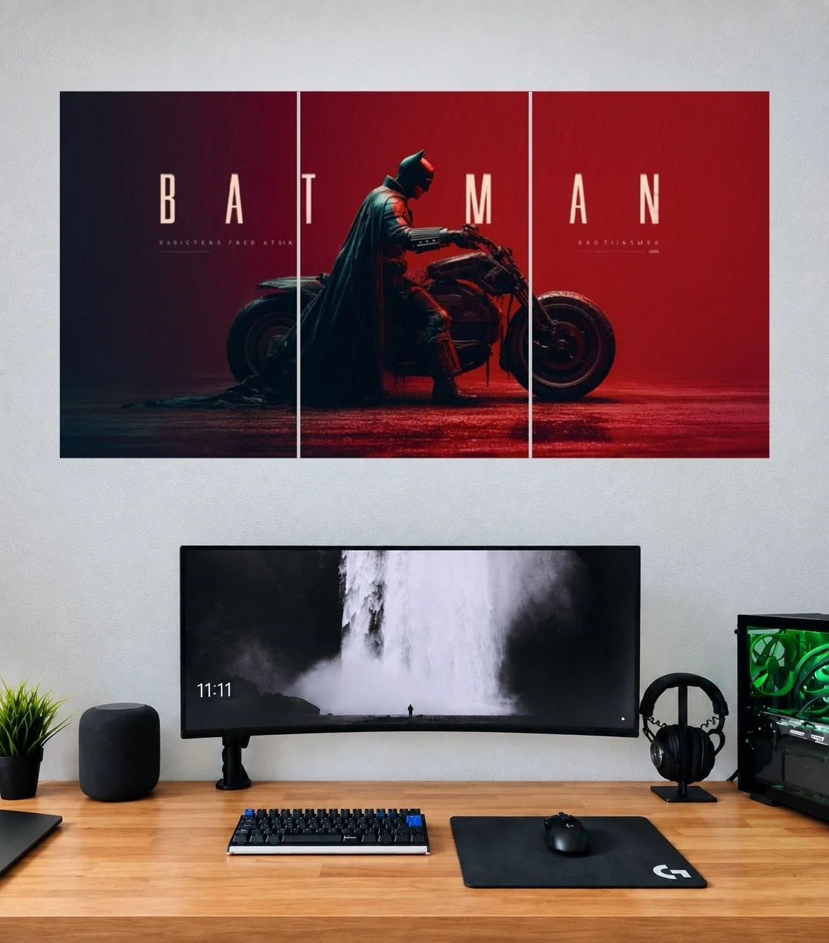 Batman Batcycle Red Noir 3 panel wall poster mockup
