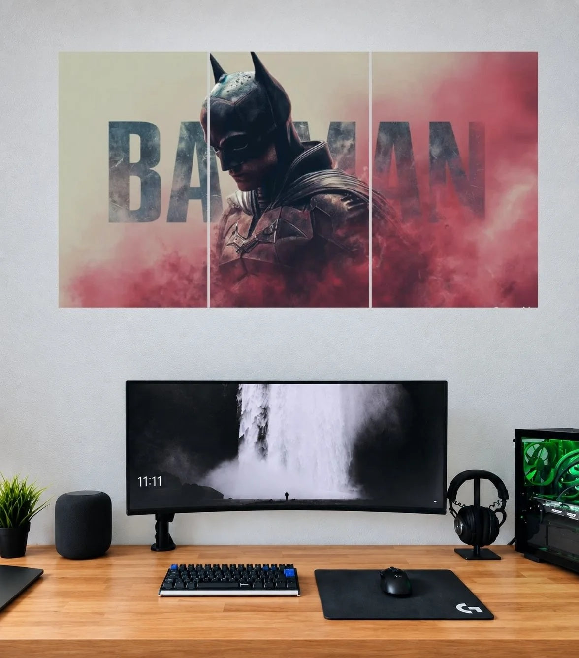 Batman Crimson Smoke Knight 3 panel wall poster mockup