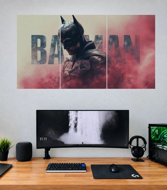 Batman Crimson Smoke Knight 3 panel wall poster mockup