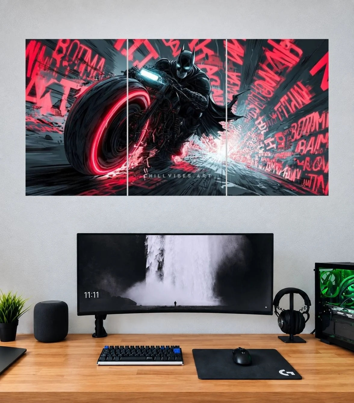 Batman Neon Batcycle Pursuit 3 panel wall poster mockup