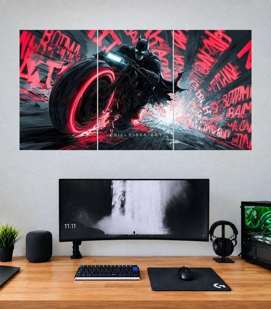 Batman Neon Batcycle Pursuit 3 panel wall poster mockup