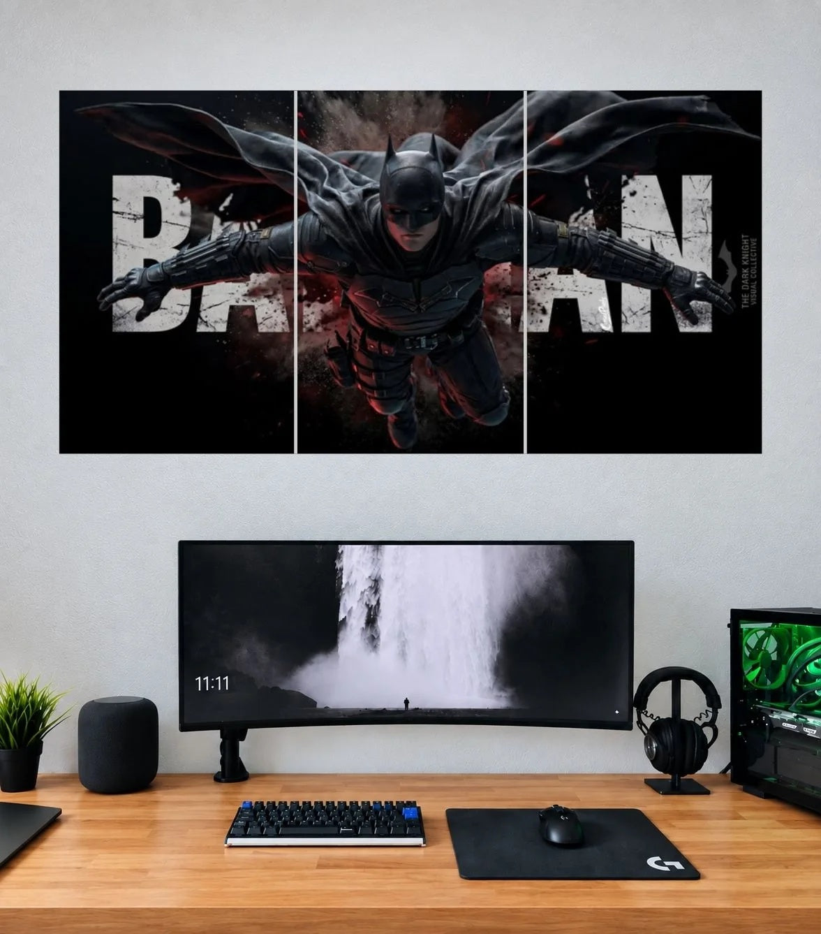 Batman Crimson Gotham Flight 3 panel wall poster mockup