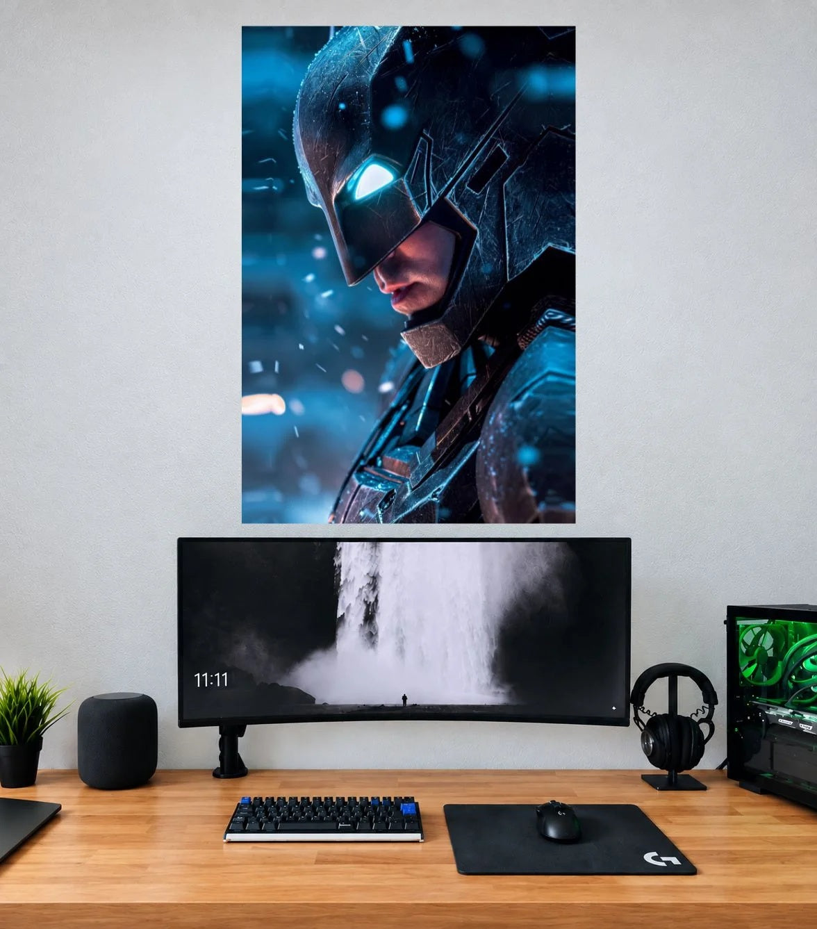 Batman Blue Neon Cowl Portrait single wall poster mockup