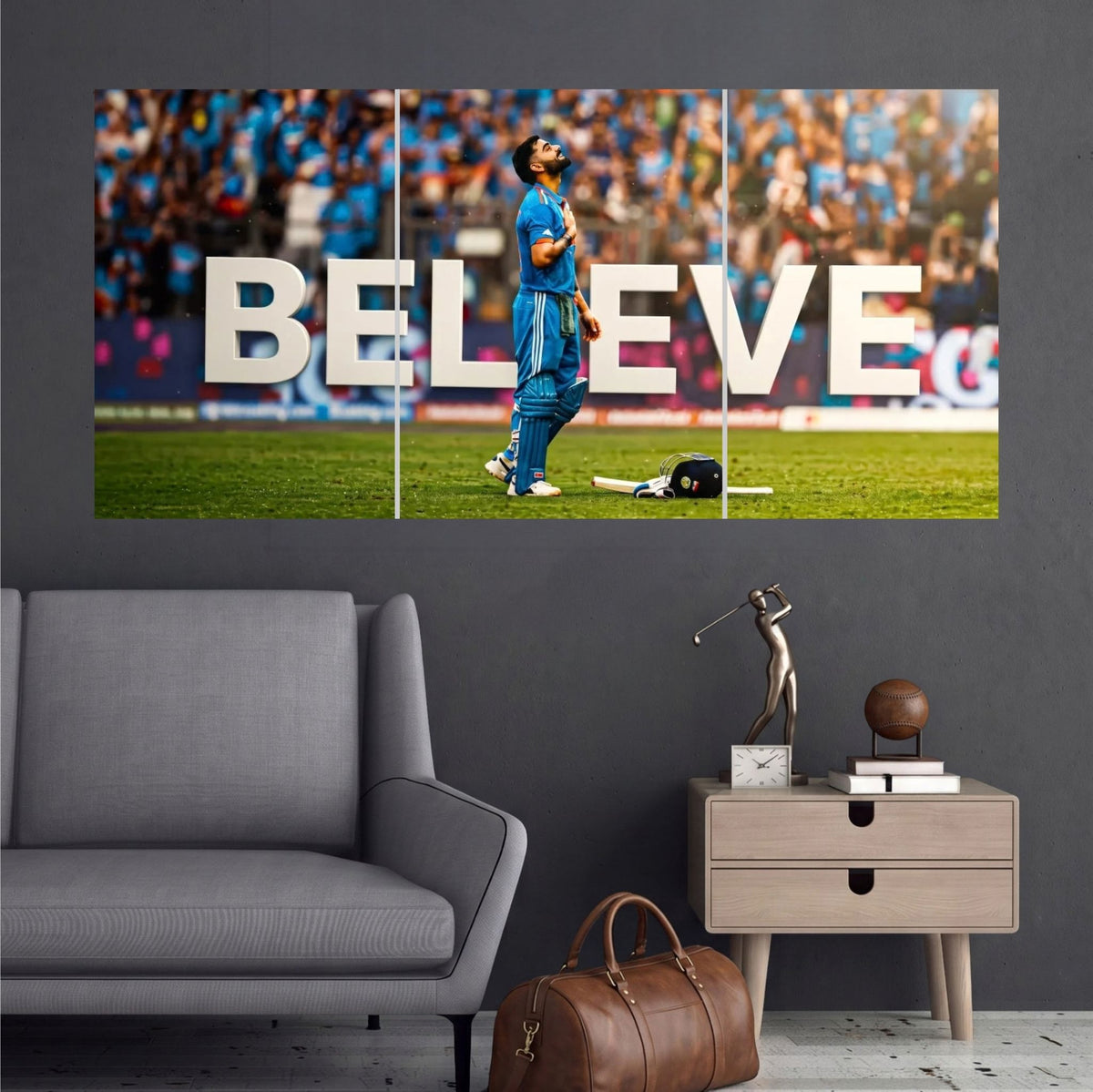 Virat Kohli Believe Cricket Wall Posters 3 split room mockup