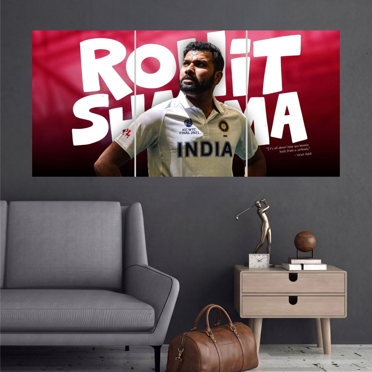 Rohit Sharma Hitman India Cricket Wall Posters 3 split room mockup