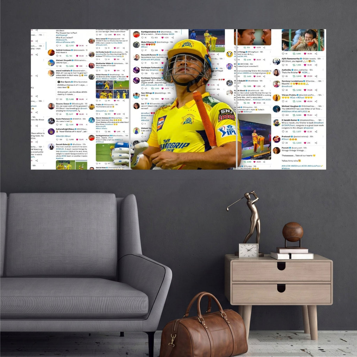 MS Dhoni CSK Captain Cool Cricket Wall Posters 3 split room mockup