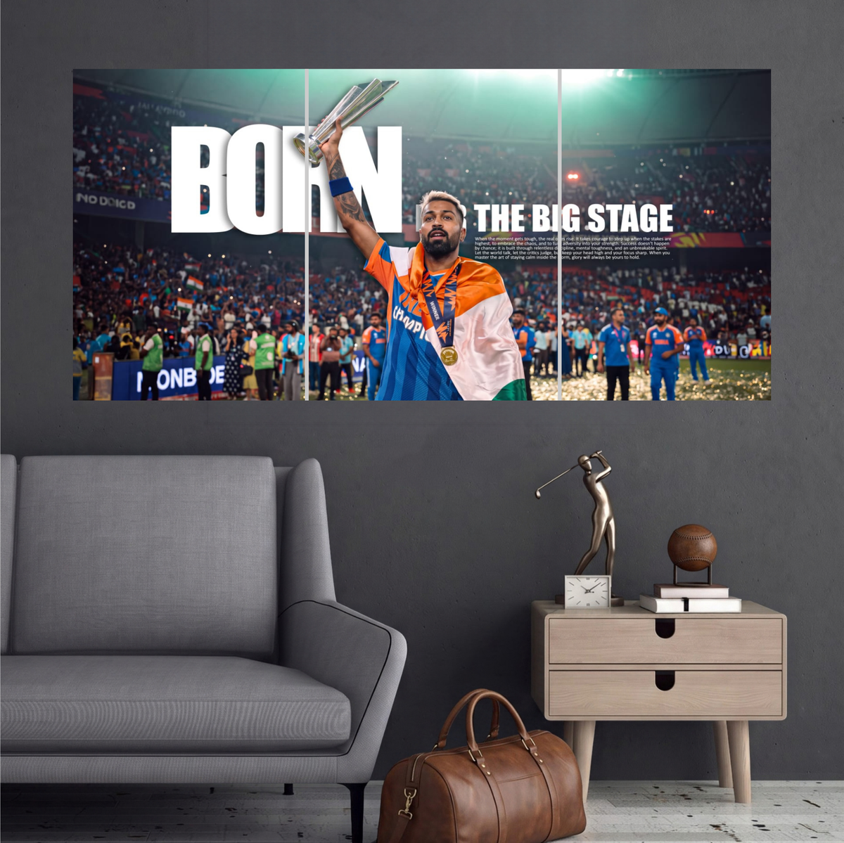 Virat Kohli Born for the Big Stage Edition 3 split cricket wall poster mockup