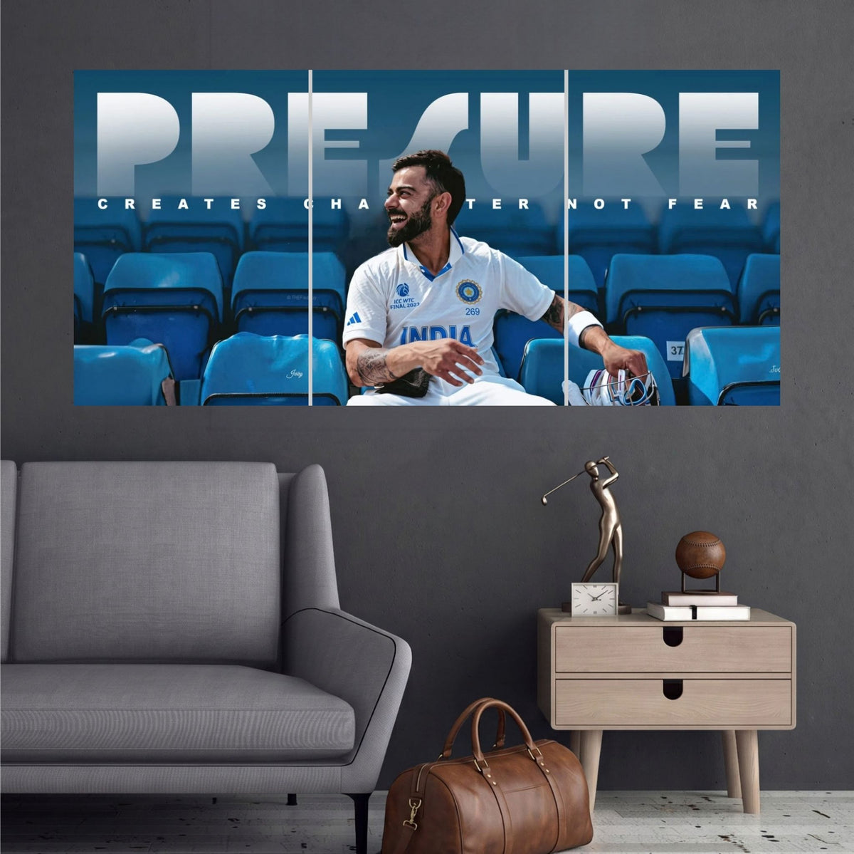 Virat Kohli Pressure Test Cricket Wall Posters 3 split room mockup