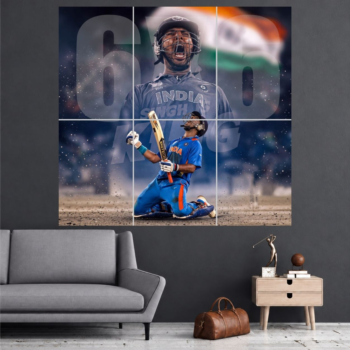Yuvraj Singh Six Sixes India Celebration six-panel cricket wall poster mockup A3 set
