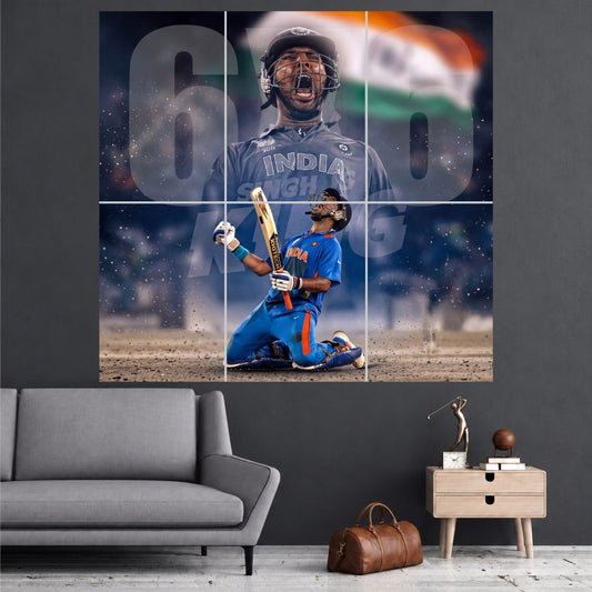 Yuvraj Singh Six Sixes India Celebration six-panel cricket wall poster mockup A3 set