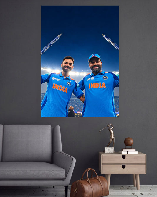 Virat Kohli & Rohit Sharma Blue Jersey Smiles Cricket Wall Poster