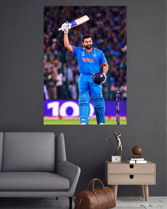 Rohit Sharma Raised Bat Triumph Cricket Wall Poster