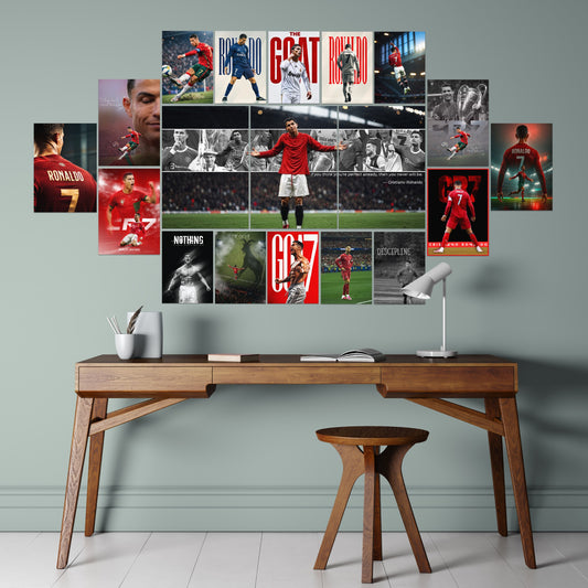 Cristiano Ronaldo GOAT wall collage room setup mockup