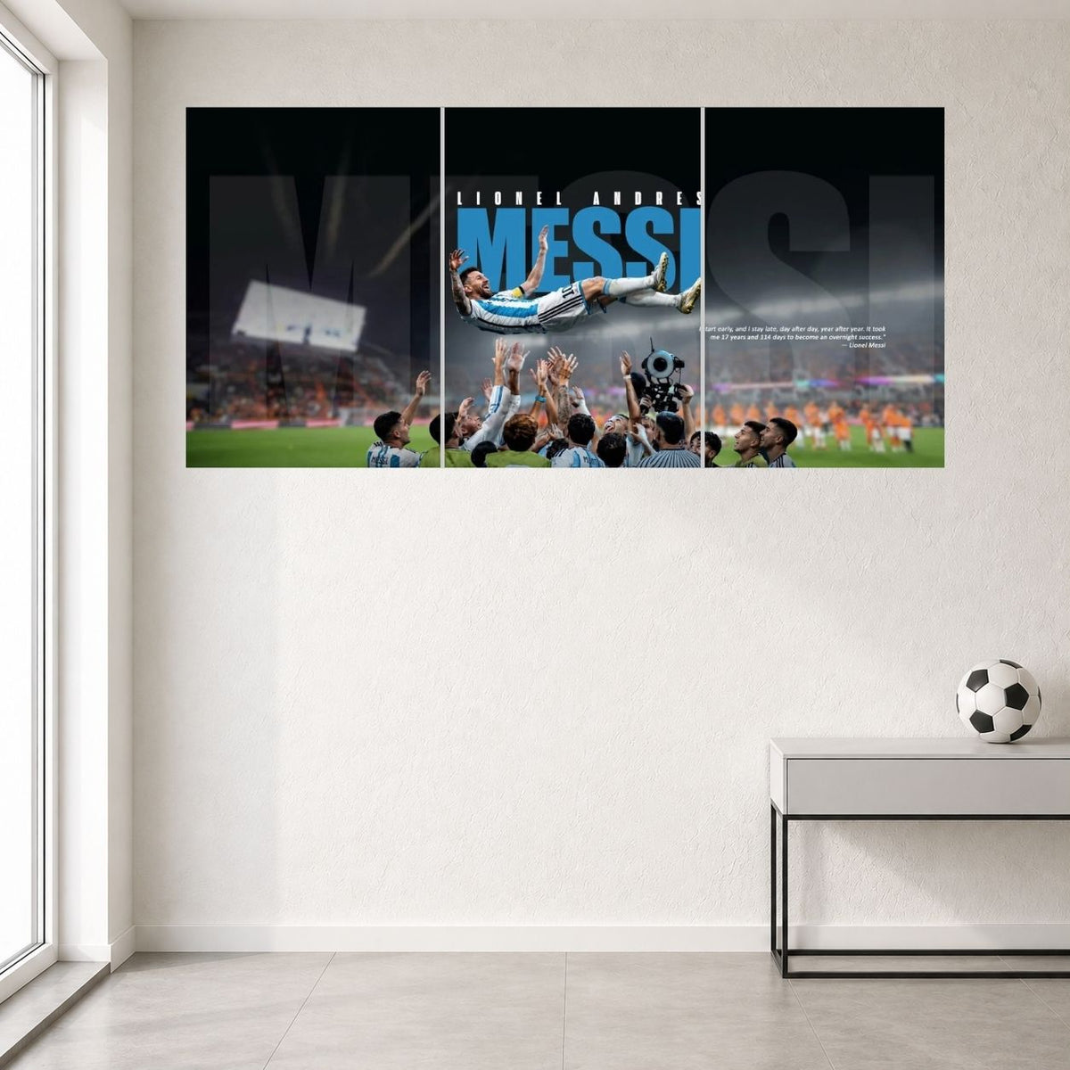 Lionel Messi Argentina World Cup Celebration Football Wall Posters 3 split room mockup