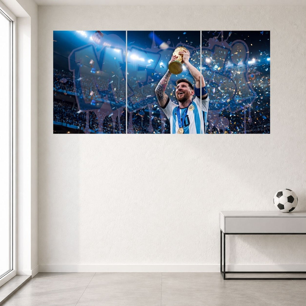 Lionel Messi World Champion Stadium Edition 3 split football poster mockup
