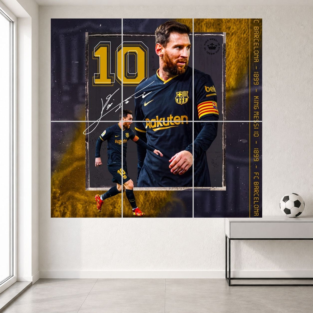 Lionel Messi Barcelona Number 10 Captain 6-split wall poster set, six A3 panels displayed in two rows of three