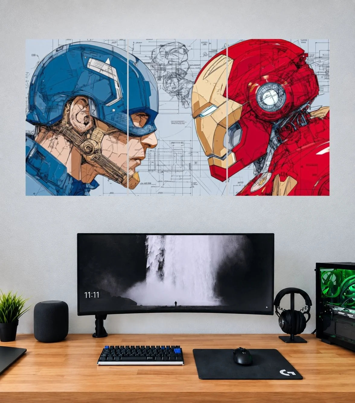 Iron Man Captain America Face Off Edition Iron Man 3 split panoramic poster mockup