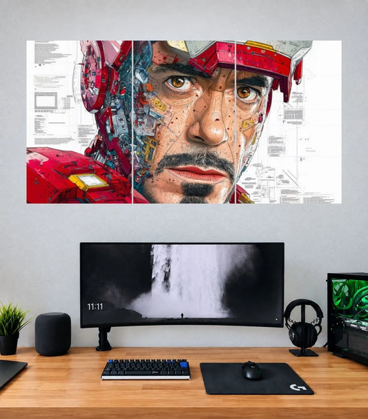 Tony Stark Red White Glitch Armor Edition Iron Man 3 split panoramic poster mockup