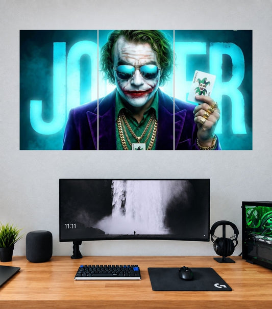 Joker Neon Cyan Playing Card Edition Joker 3 split poster mockup: three coordinated panoramic panels