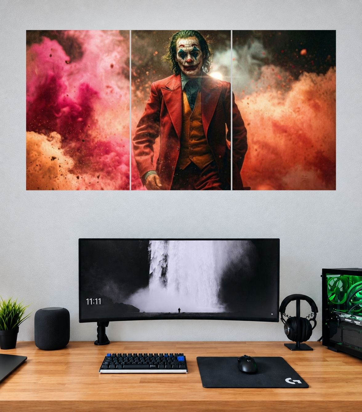 Joker Red Suit Smoke Explosion Edition Joker 3 split poster mockup: three coordinated panoramic panels
