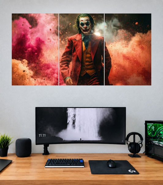 Joker Red Suit Smoke Explosion Edition Joker 3 split poster mockup: three coordinated panoramic panels