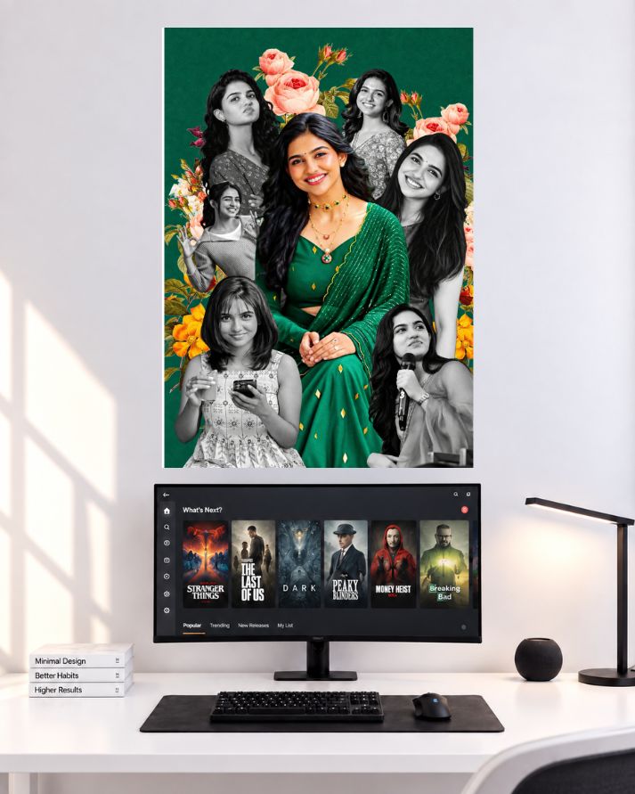Mamitha Baiju Green Saree Floral Collage wall poster