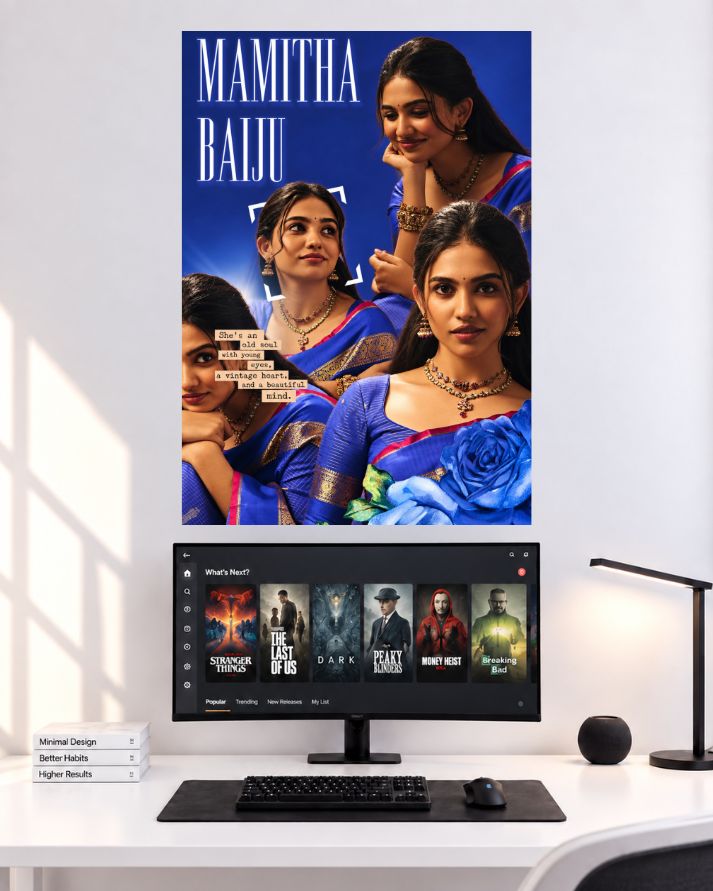 Mamitha Baiju blue saree collage wall poster