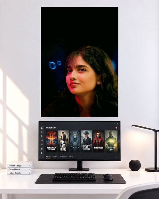 Mamitha Baiju cinematic look with red lighting wall poster